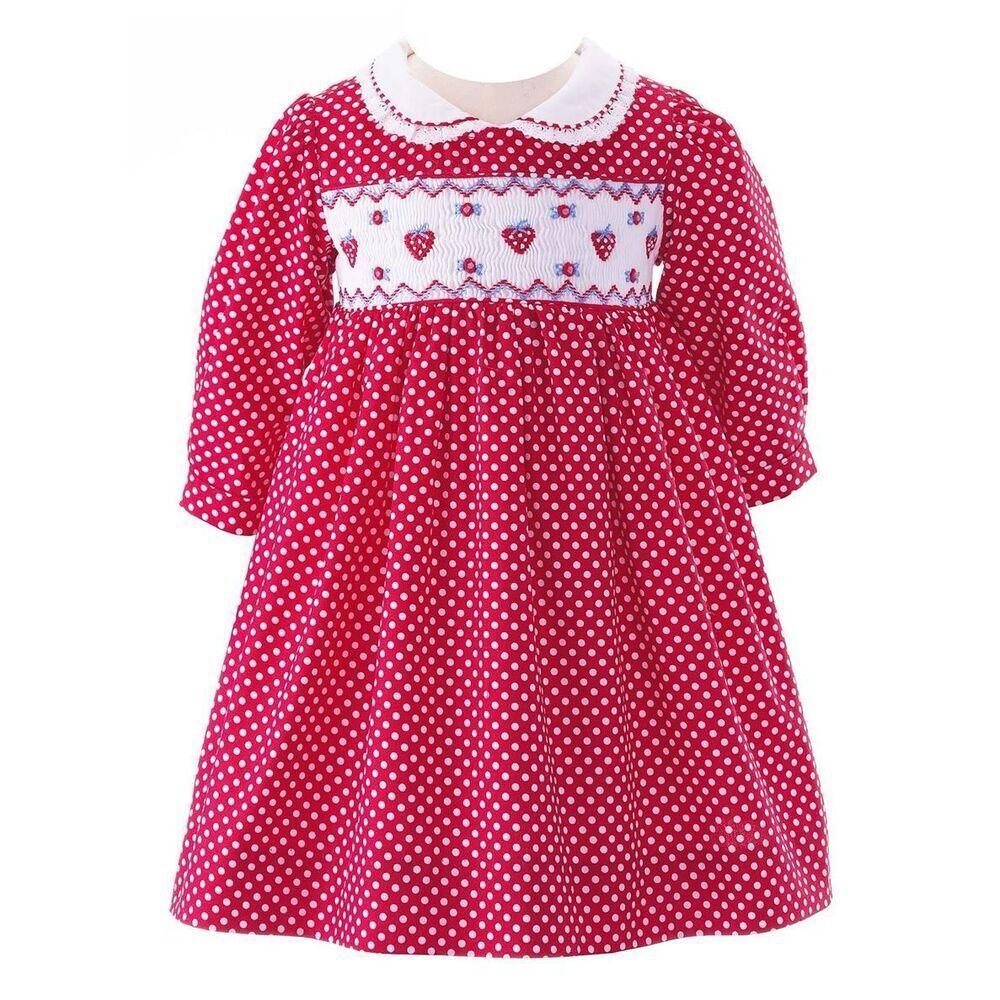Rachel Riley Embroidered Strawberries Polkadot Smocked Dress Size 24M Cotton